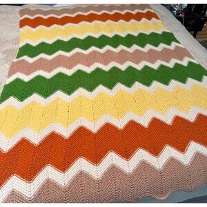 Vintage Crochet Blanket throw Chevron wavy Pattern fall rust yellow green